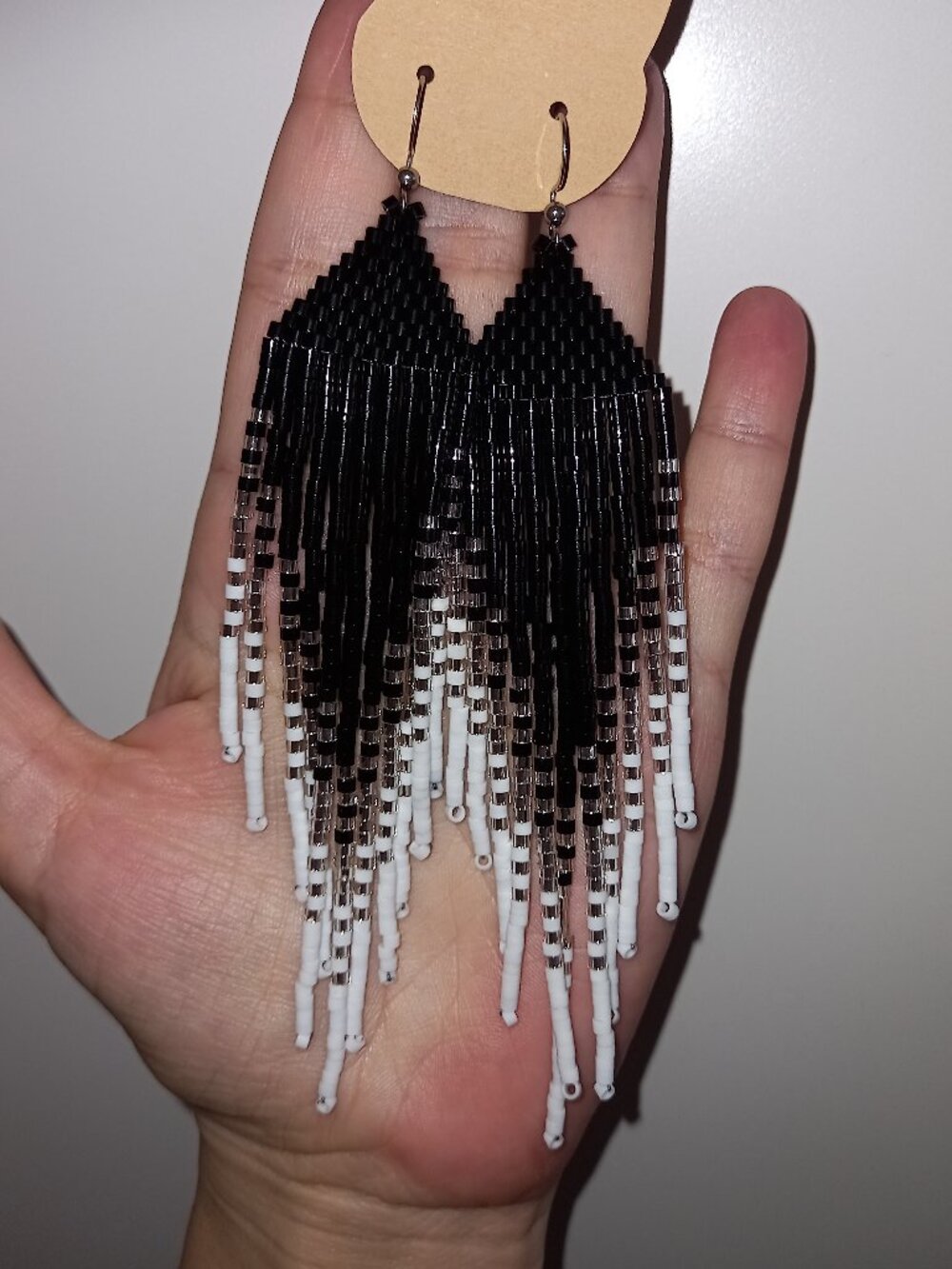 Long Black Silver White Ombre Beaded Fringe Earrings — Handmade Statement 🖤🤍✨